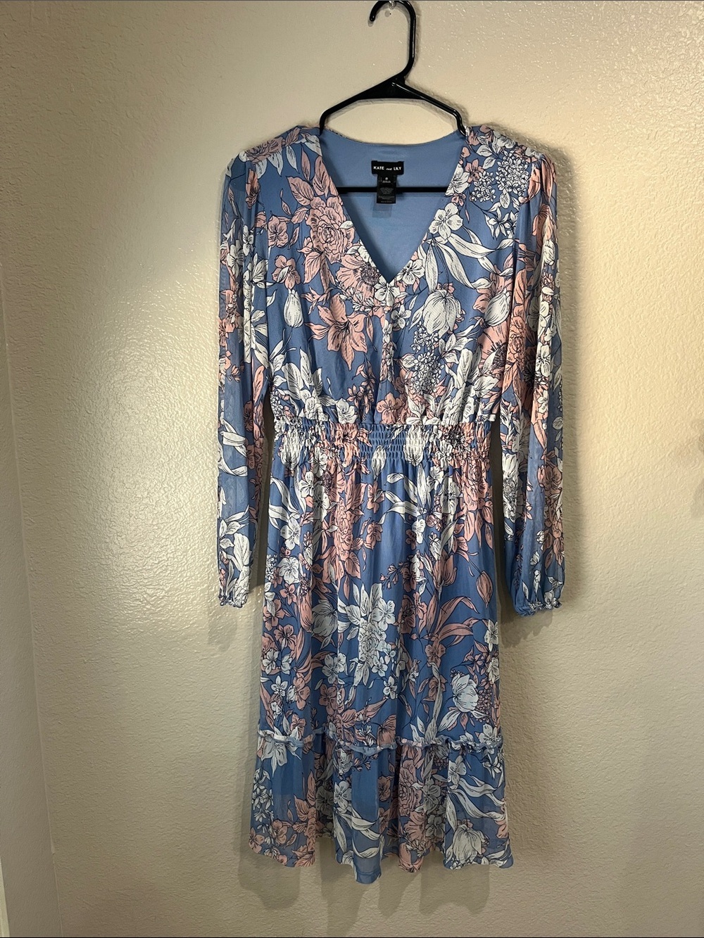 KATE and LILY Floral V-Neck Long Sleeve Dress Blue/Pink Boho Flowy TC0508